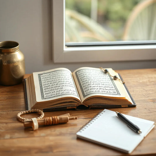 Open Qur'an on a desk with notebook and memorization aids under soft natural light