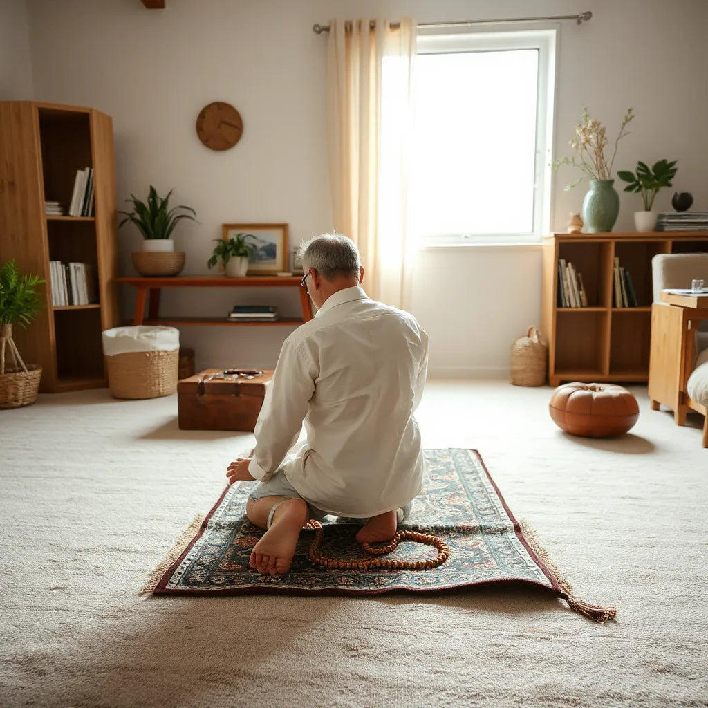 Person kneeling on a prayer rug with prayer beads in a softly lit room