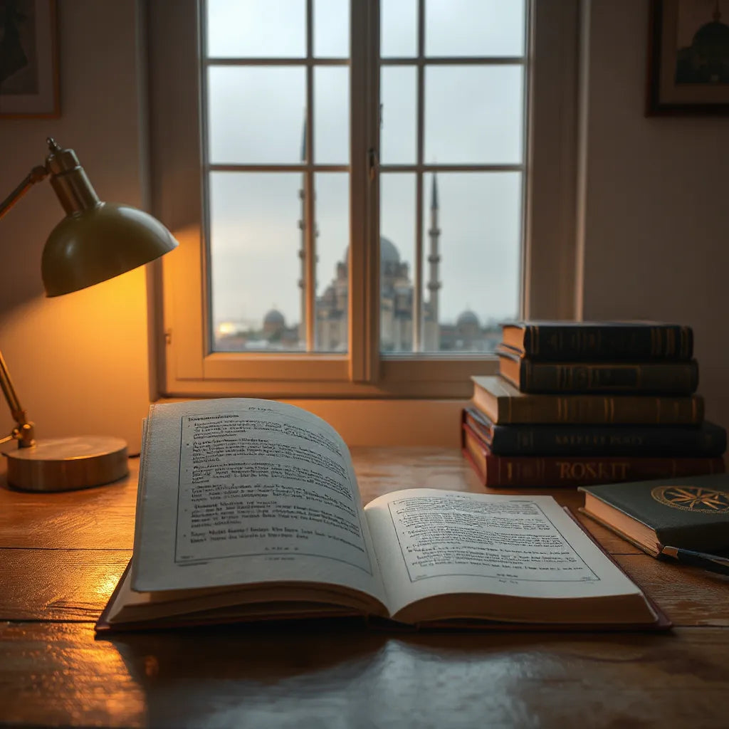 Open biography book on a desk with warm light and a calm scholarly background