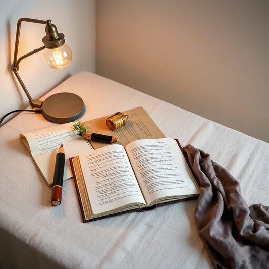 Open book on a quiet reading table with warm lamp light and a modest headscarf beside it