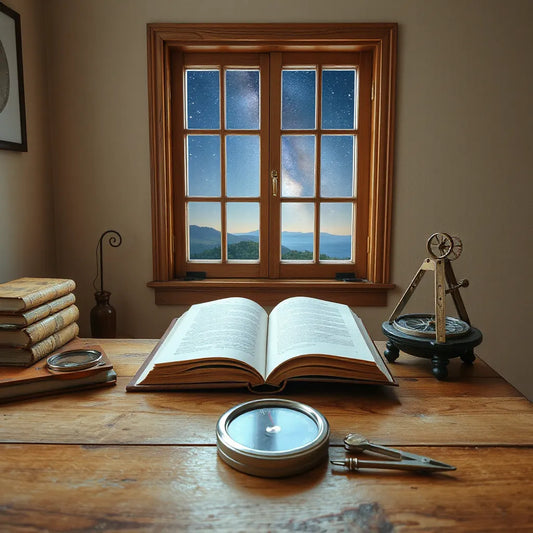 Open book on a desk beside a compass and astrolabe with a starry night sky through a window