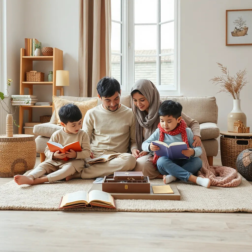 Parent and children reading age-appropriate Islamic books together in a bright living room