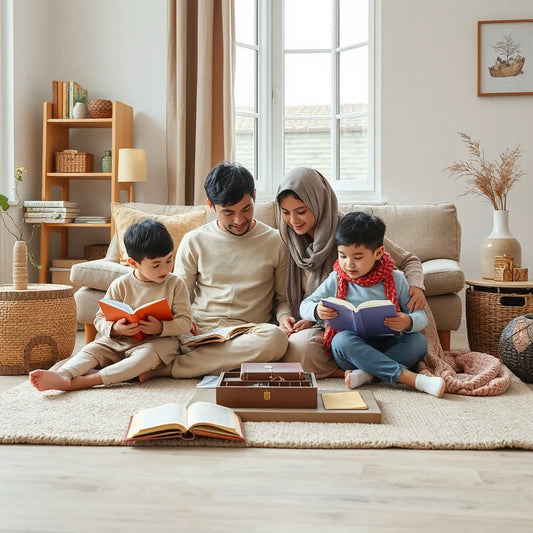 Parent and children reading age-appropriate Islamic books together in a bright living room