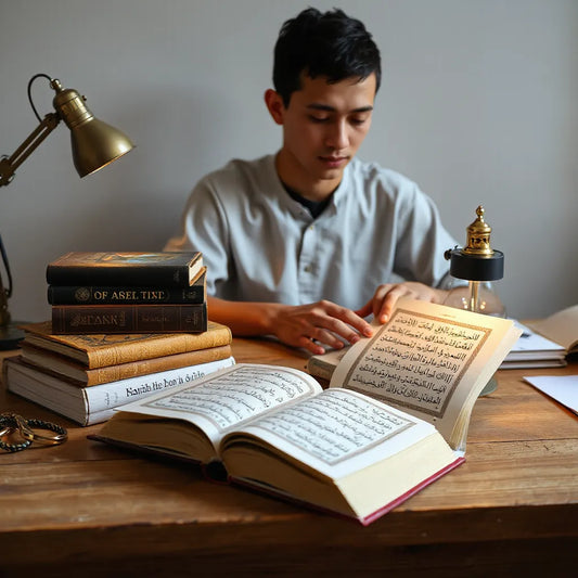 Young person reading Islamic books with a small Qur'an open on a tidy desk