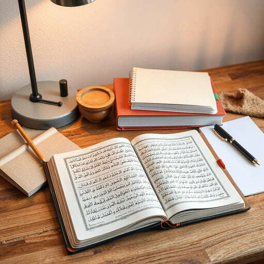Assorted Islamic studies books and an open Qur'an arranged neatly on a desk