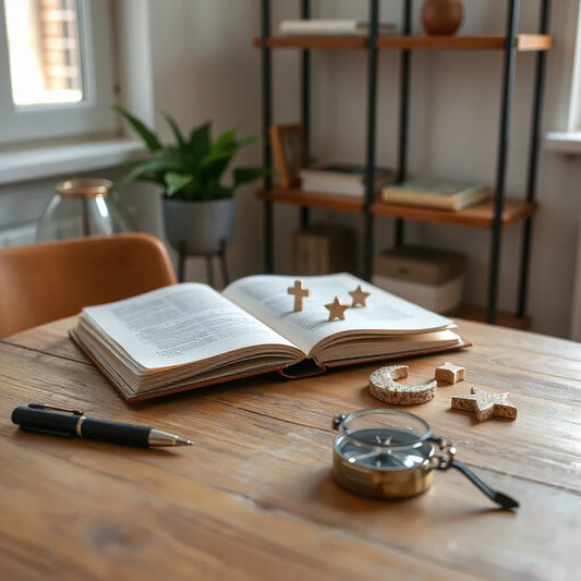 Open book on a table with neutral faith symbols, notebook, and compass under warm natural light
