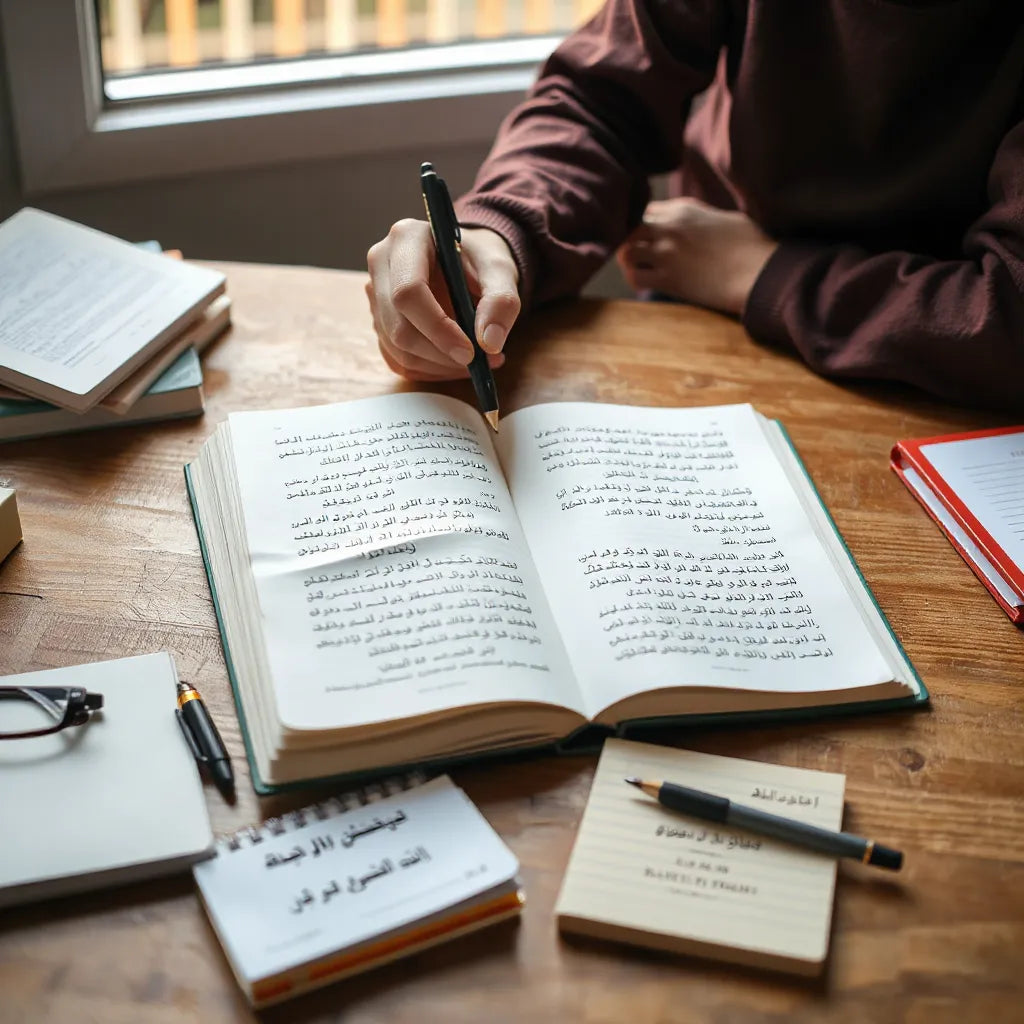 Student studying an Arabic grammar workbook with highlighted notes at a desk