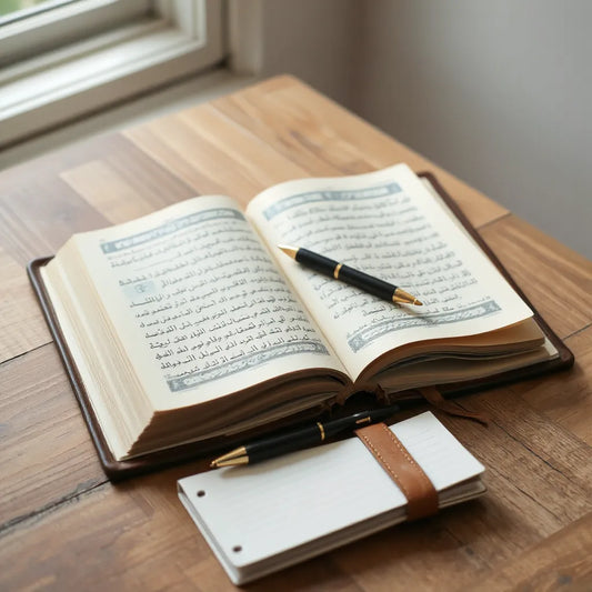 Open Qur'an on a desk with notebook and pen for structured study and reflection