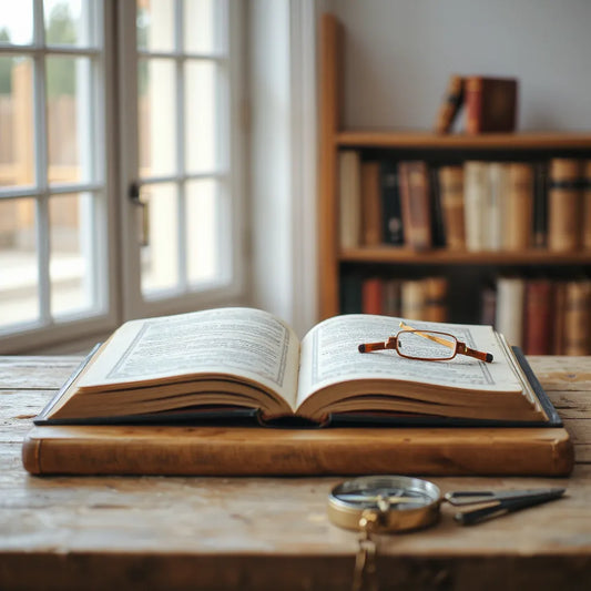 Open Islamic history book on a wooden table with reading glasses and warm light