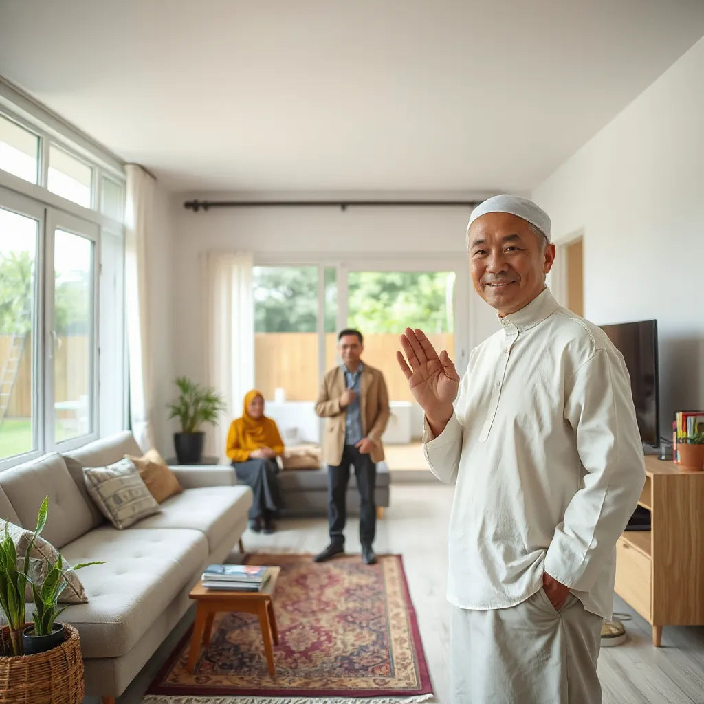 Person demonstrating respectful Islamic greeting while family sits calmly at home and outdoors