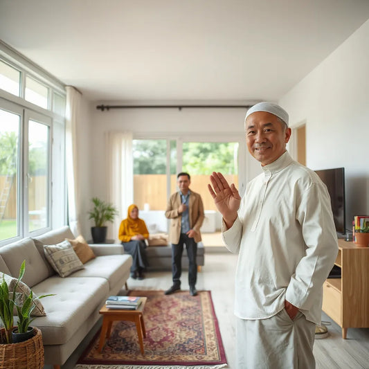 Person demonstrating respectful Islamic greeting while family sits calmly at home and outdoors