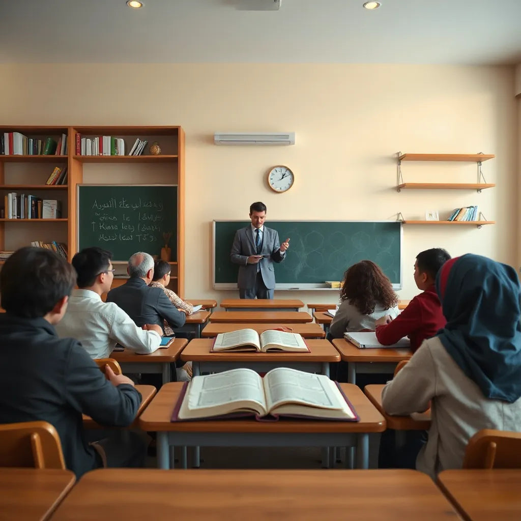 Students and an instructor in a calm classroom using open Qur'an and study notebooks