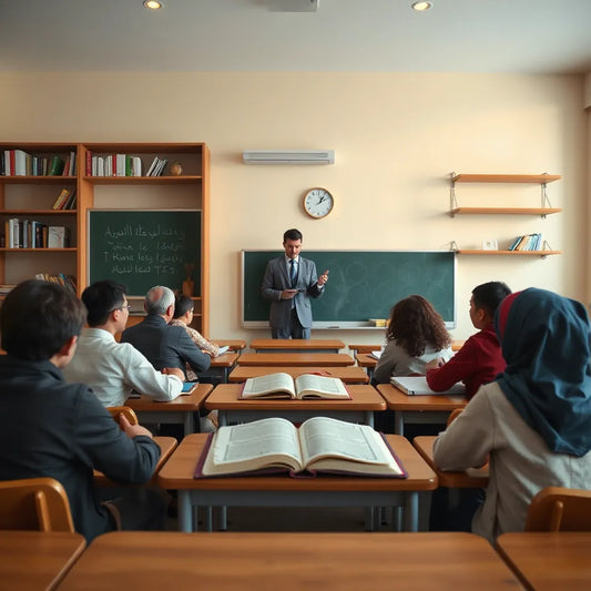 Students and an instructor in a calm classroom using open Qur'an and study notebooks
