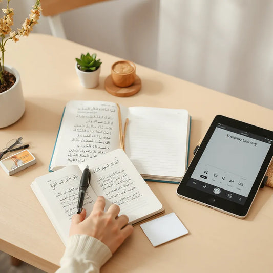 Person studying Arabic with an open workbook, notebook practice pages, and learning cards on a desk