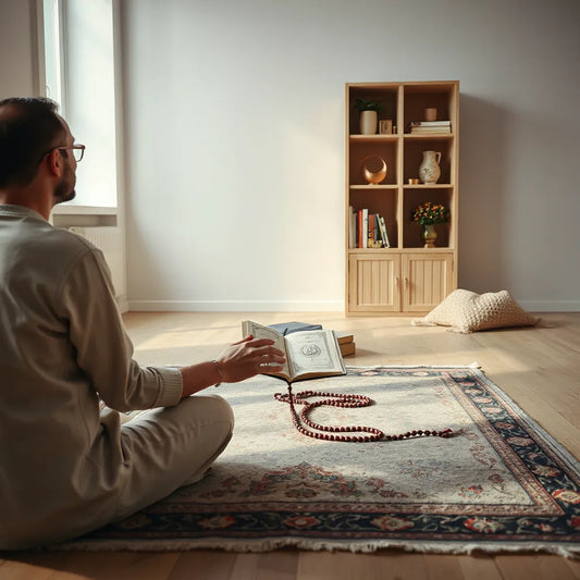 Person seated for prayer holding a Quran and prayer beads in a quiet, softly lit room