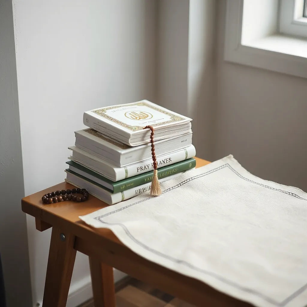 Stack of prayer manuals on a table next to a prayer mat and tasbeeh in soft natural light