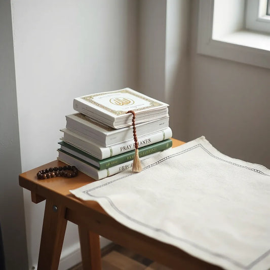 Stack of prayer manuals on a table next to a prayer mat and tasbeeh in soft natural light