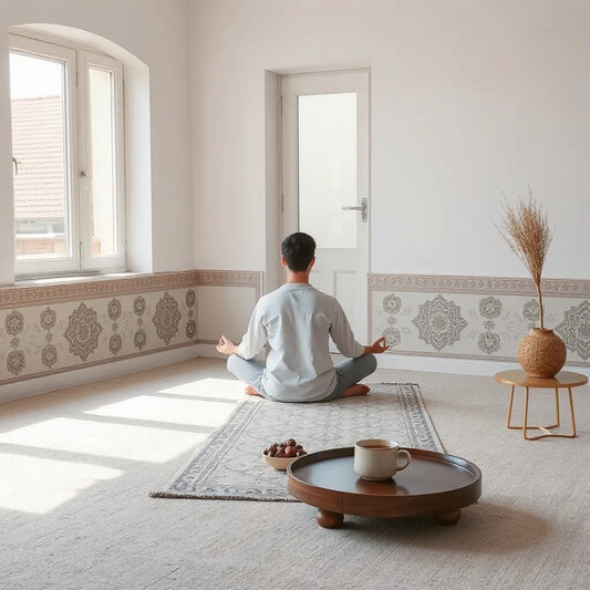 Person meditating on a prayer mat in soft daylight with a calm indoor setting and minimal decor