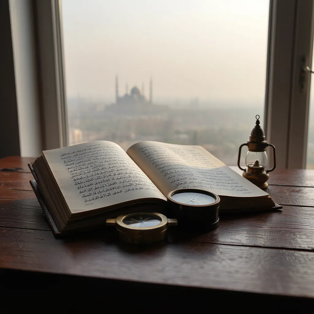 An open book on a wooden desk beside a scholar’s tools in soft daylight