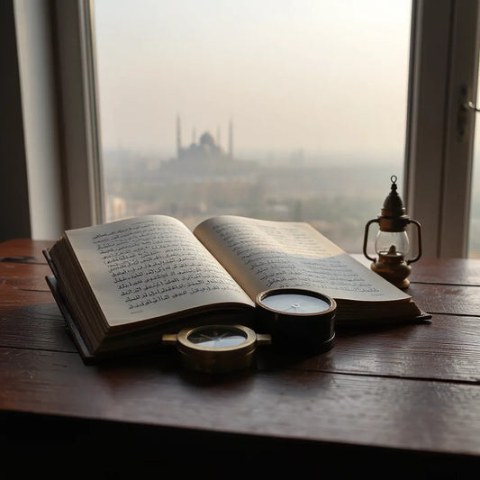 An open book on a wooden desk beside a scholar’s tools in soft daylight