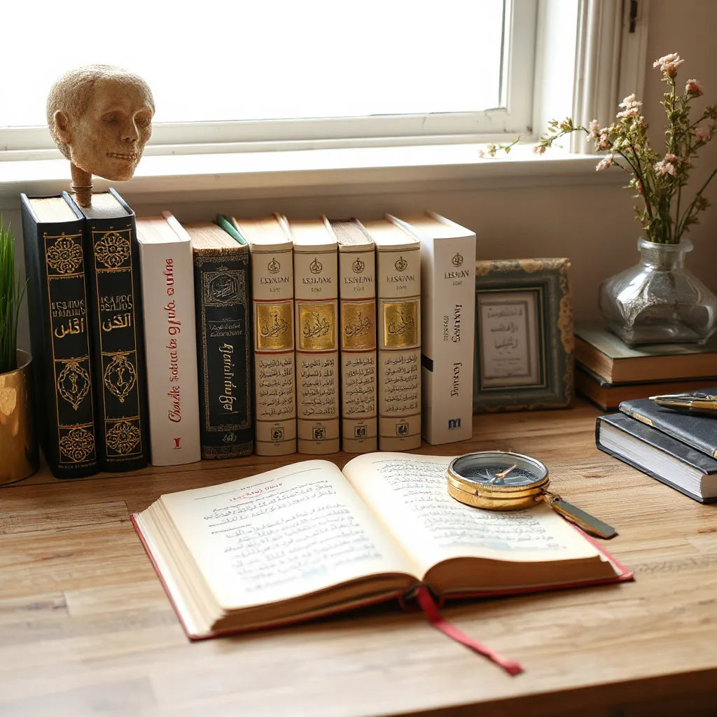 Neatly arranged Islamic biography books on a desk under soft natural light