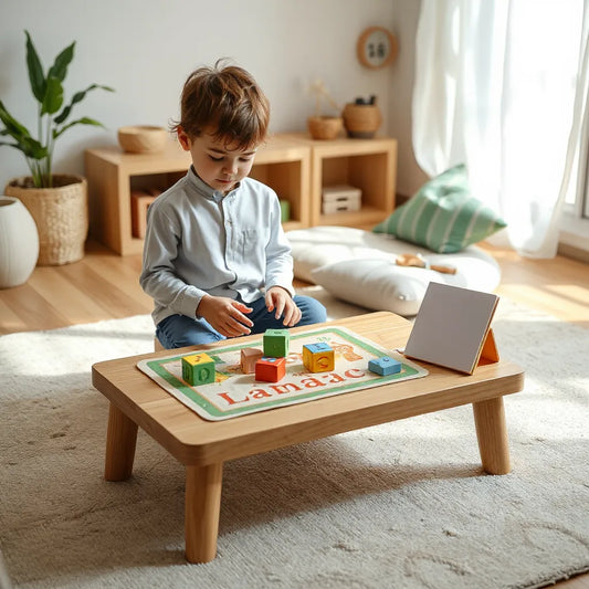 Child arranging Islamic-themed educational toy blocks and puzzles on a low table in a bright living room