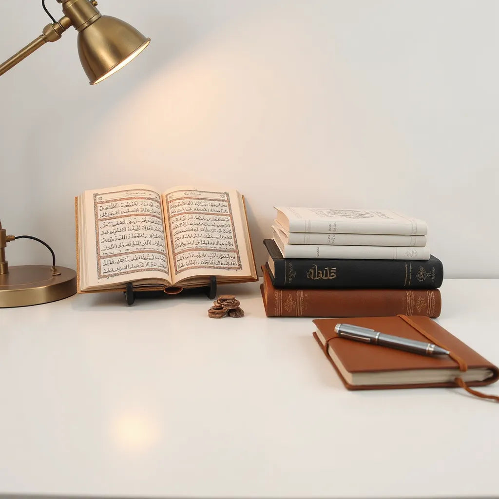 Open hadith book on a quiet study desk with other Islamic books and a notebook nearby