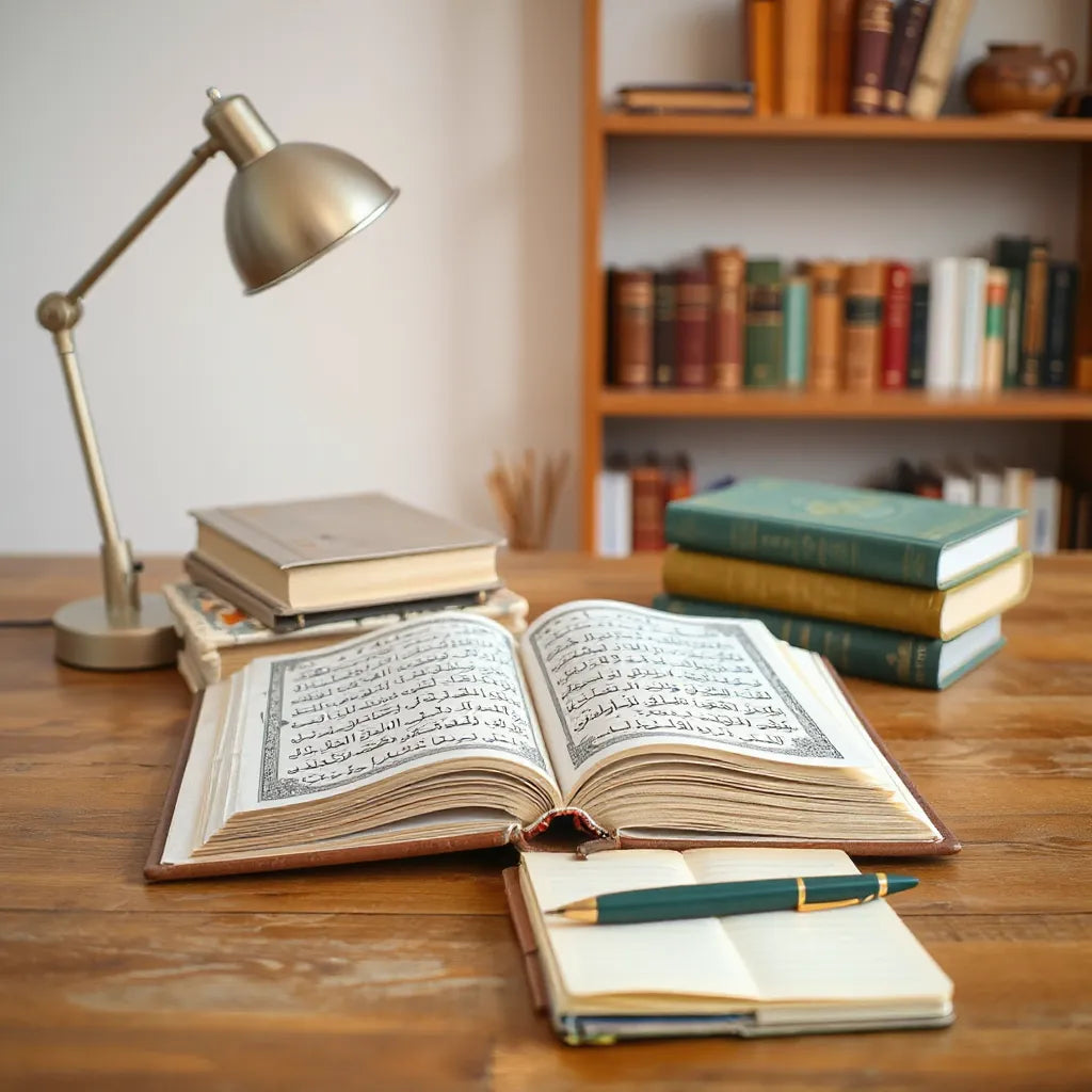 Open Qur'an and neatly stacked Islamic books on a wooden study table with a notebook and pen