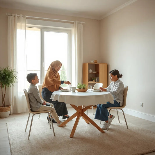 Muslim family sitting respectfully at a modest dining table at home