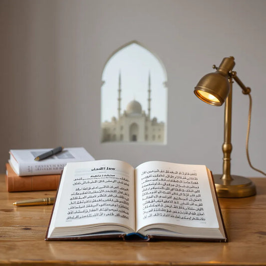 Stack of Islamic jurisprudence books on a wooden desk with warm lamp light